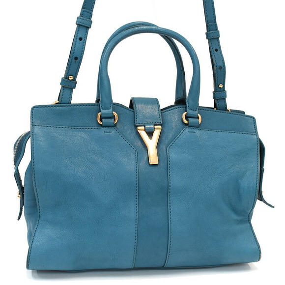Saint Laurent Leather Bag Blue Cabas Shoulder Yves - Picture 1 of 8
